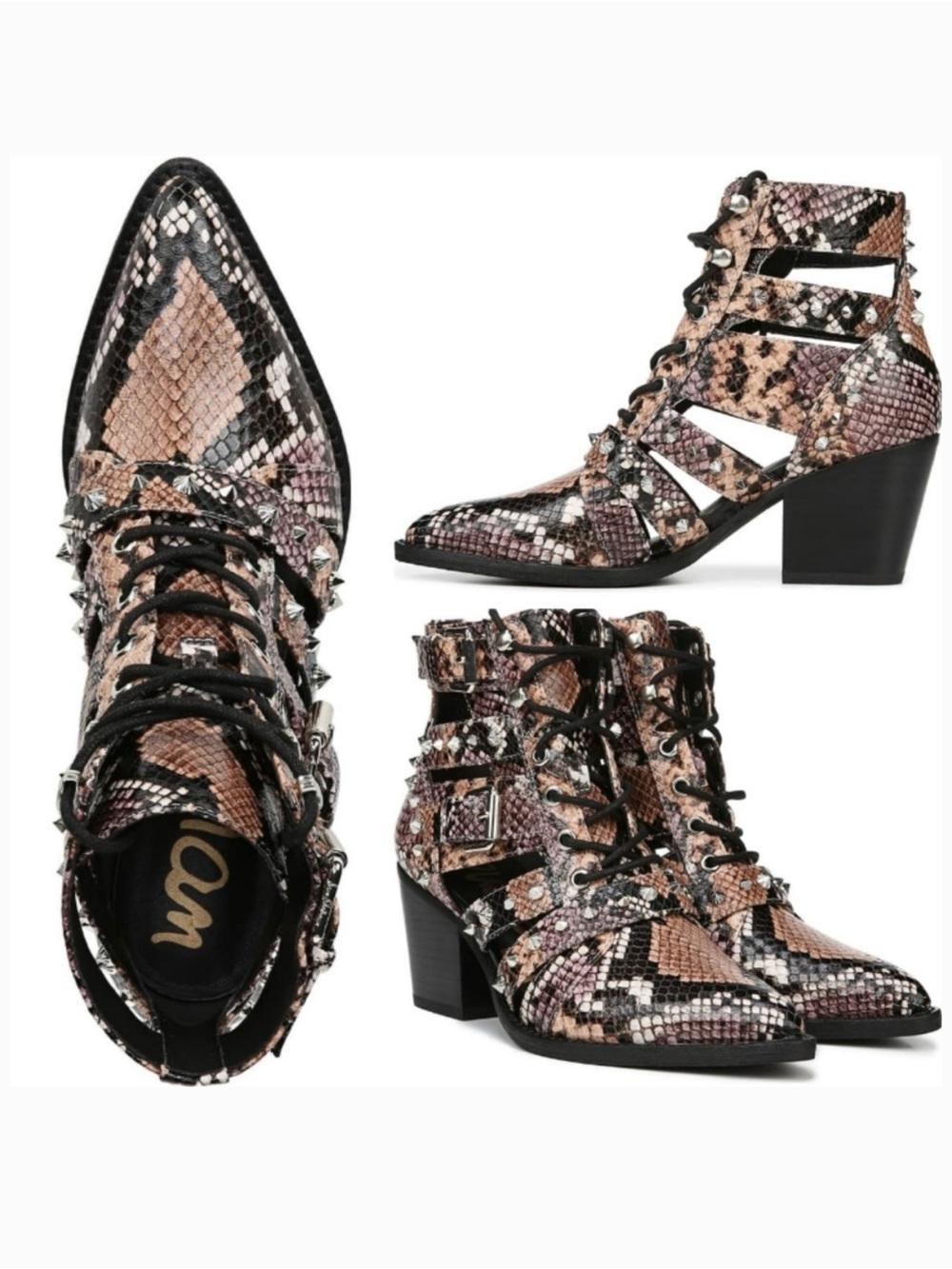 Sam Edelman Elana Snakeskin Print Cutout Lace-Up Studded Ankle Boots Block Heel